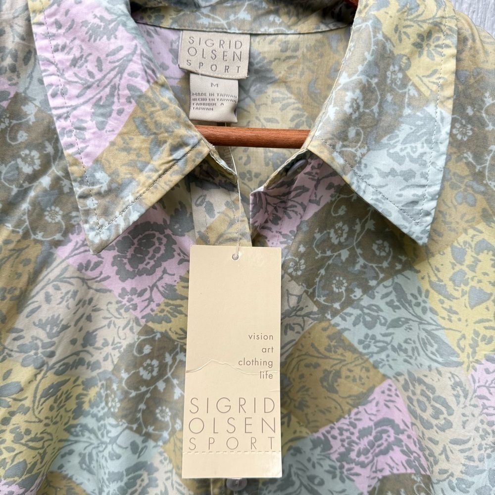 NWT Sigrid Olsen Colorful Green Floral Button Up Collared Long Sleeve Shirt M - Picture 3 of 5